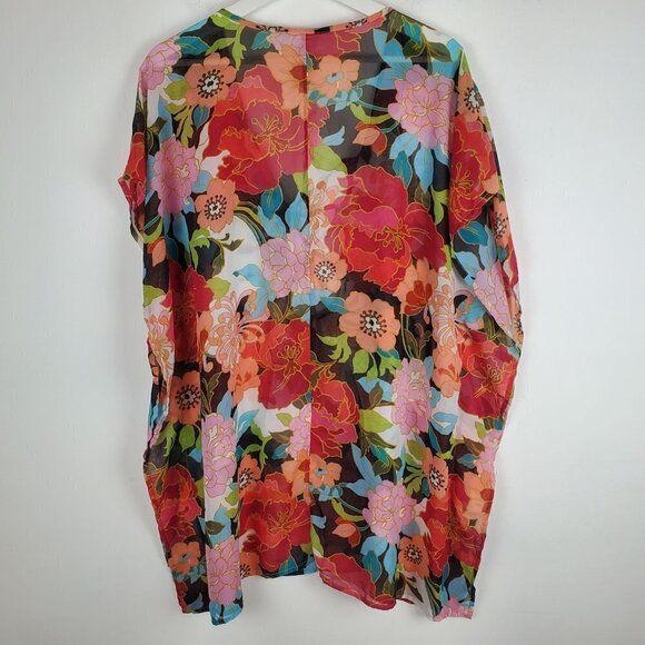 Time & Tru M Floral Swim cover Lace up Semi-sheer Short sleeves Pullover - Picture 2 of 7